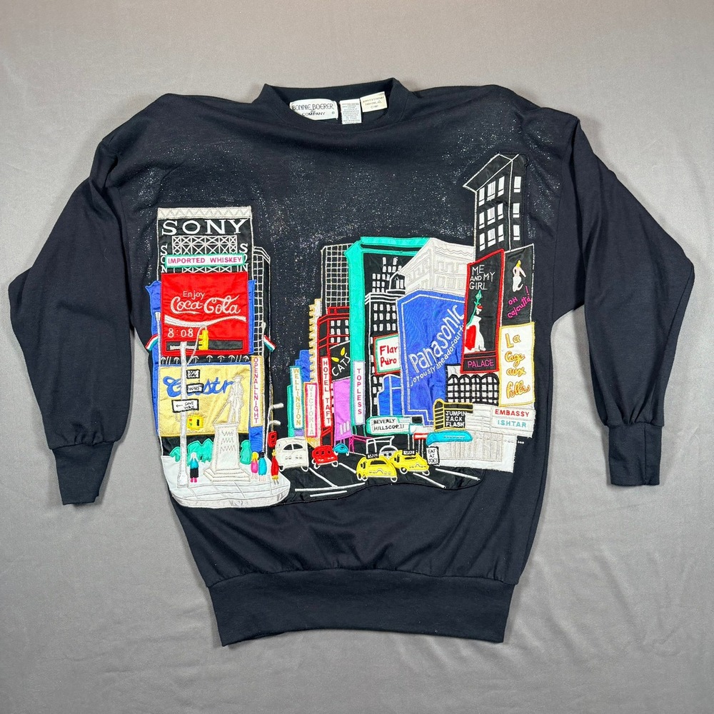 Vintage 1987 Bonnie Boerer Times Square NYC Embroidered Sweatshirt Black Small‎